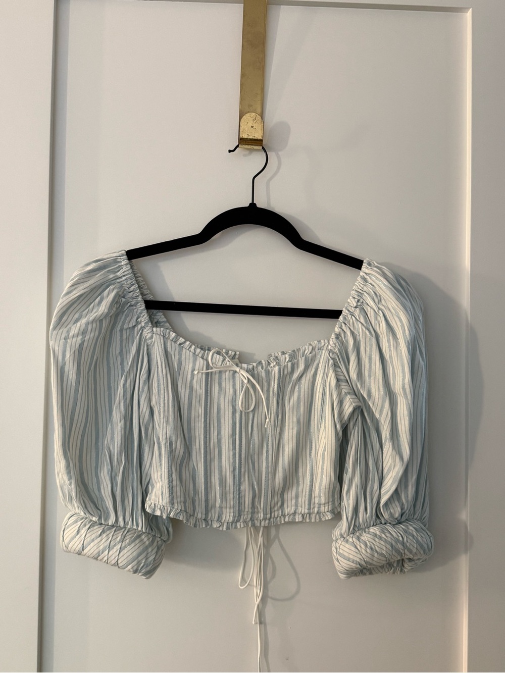 For Love & Lemons Blue & White Striped Puff-Sleeve Crop Top